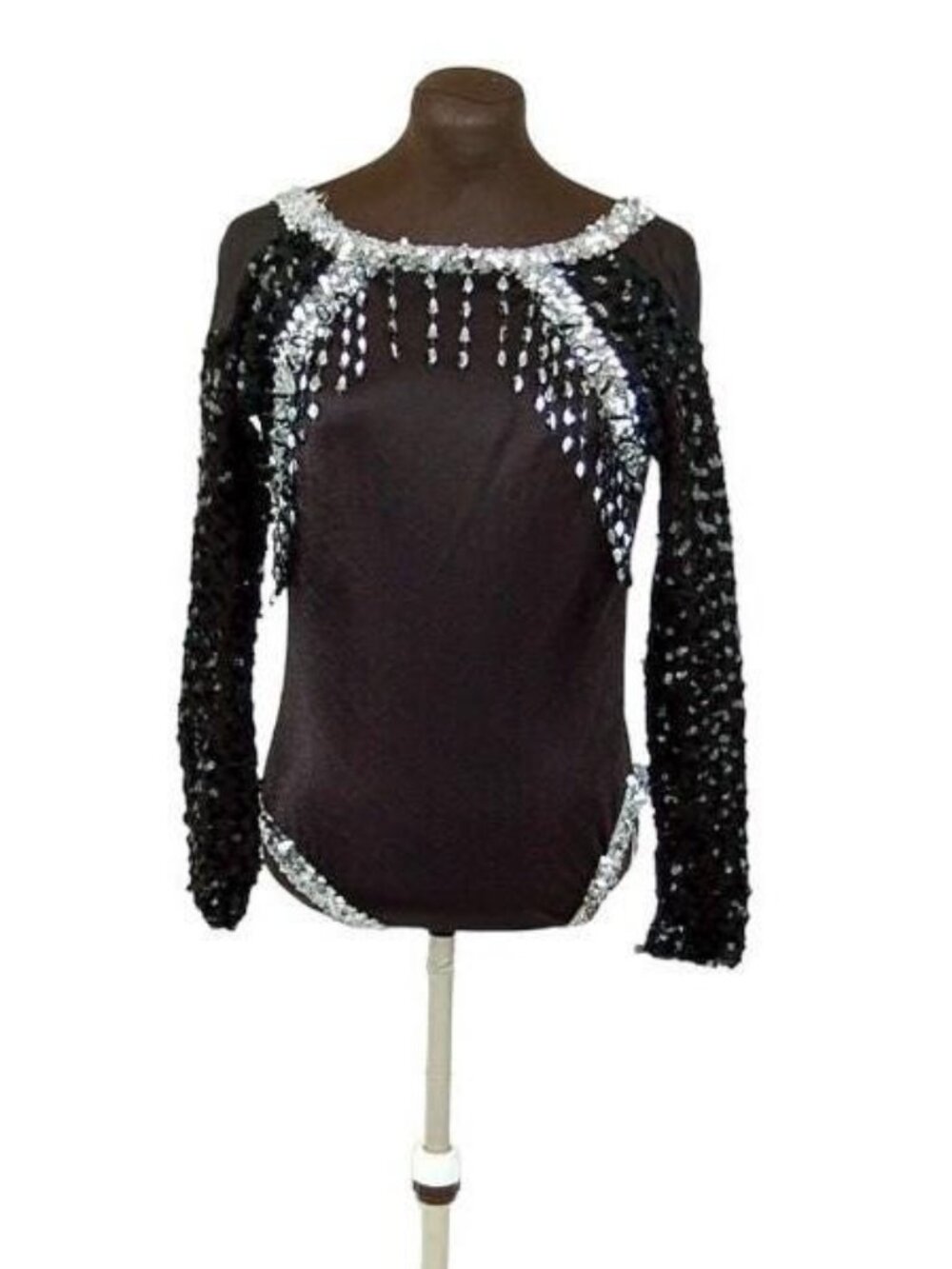 1980s dance costume leotard black silver sequin beaded stretchy high leg Size M